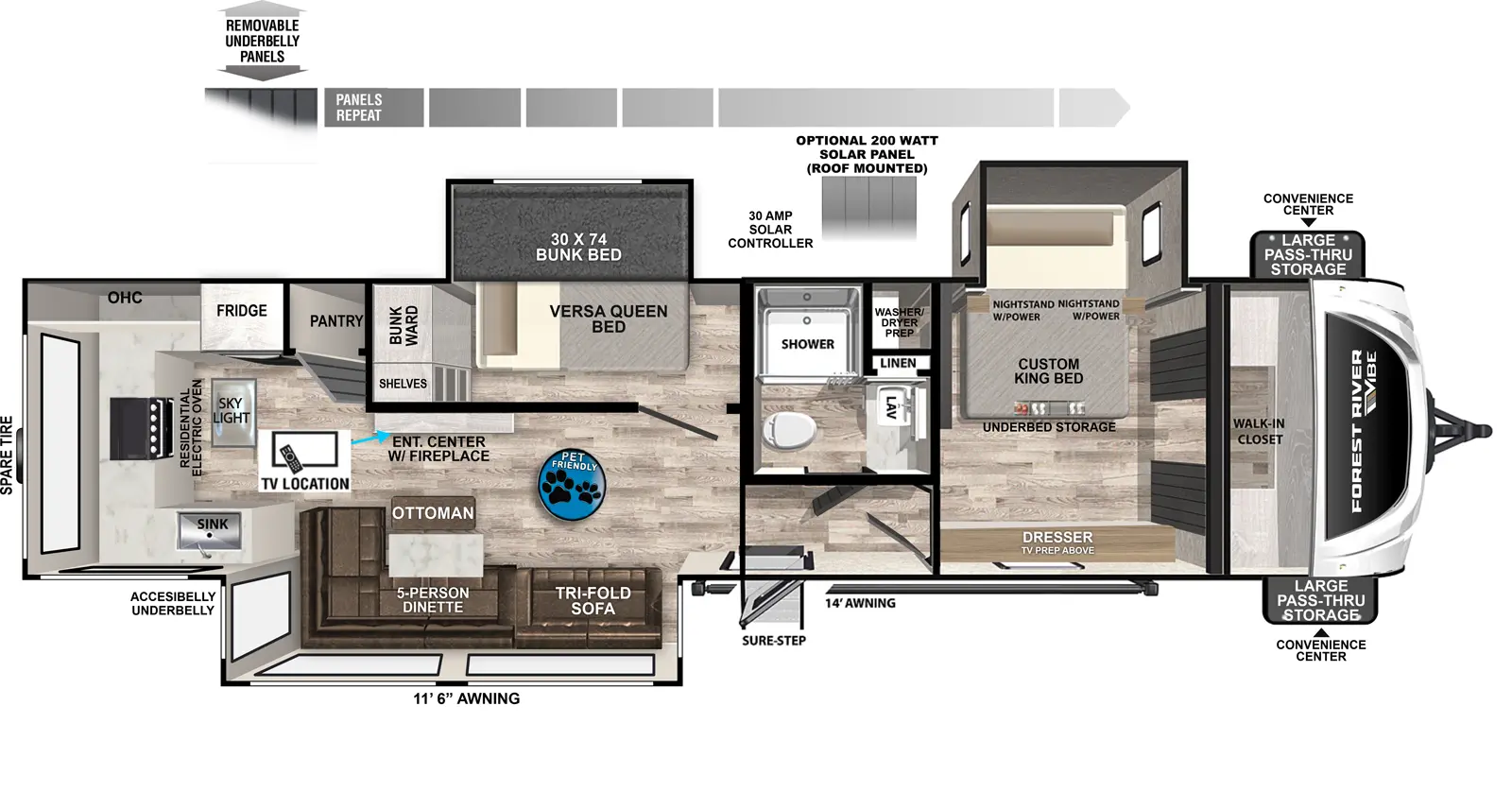 The Vibe 3400SB floorplan has one entry and three slide outs. Exterior features include: fiberglass exterior and 11'6" & 14' awning. Interiors features include: bunk beds, rear kitchen and front bedroom.